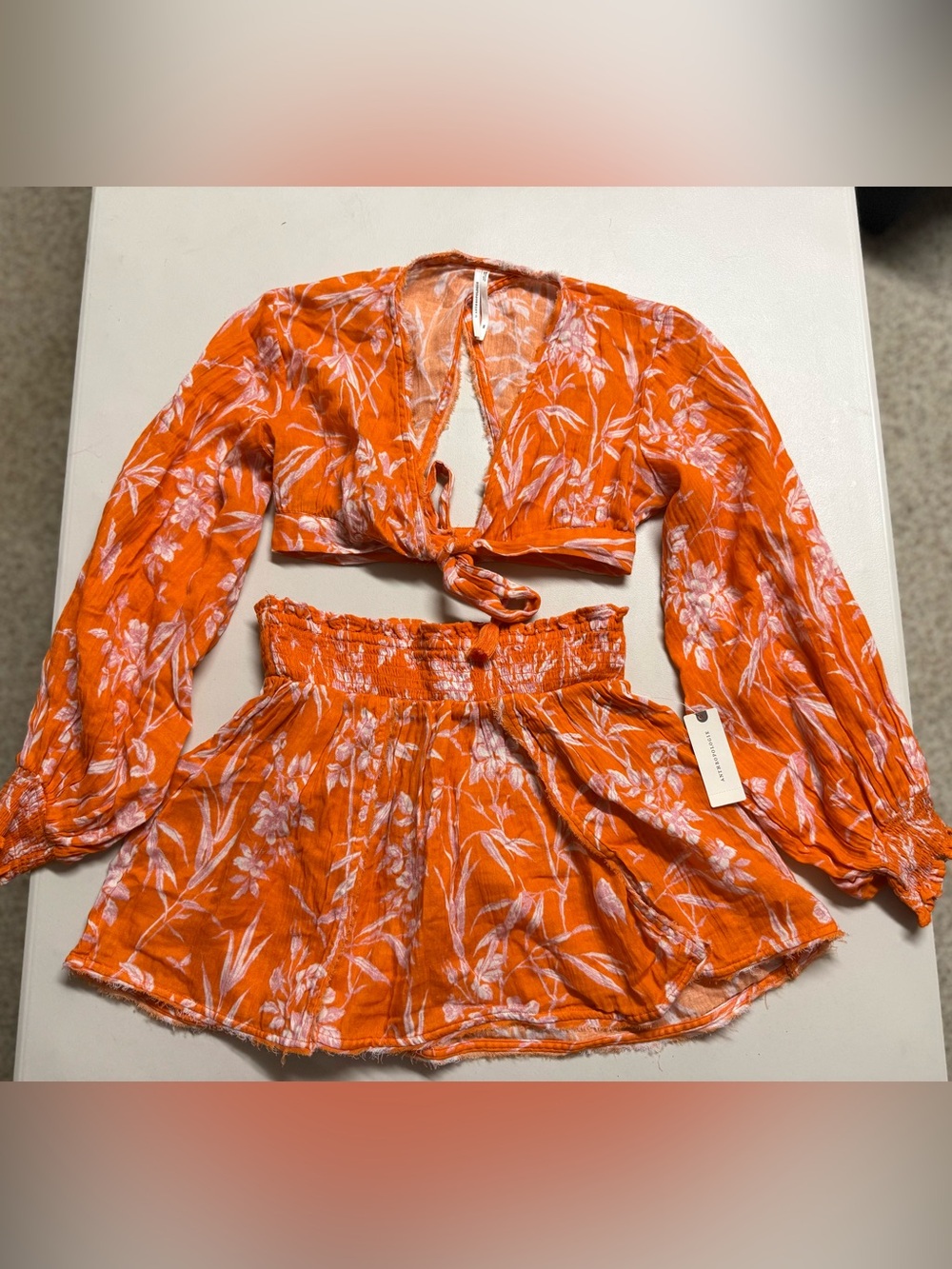 Anthropologie Women’s Orange Floral Tie-Front Crop Top and Skirt Set